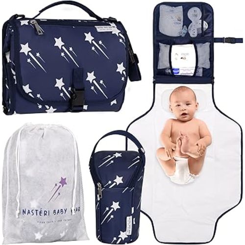 Nasteri Baby Gear Extra Large Portable Baby Changing Pad with Memory Foam Pillow & Insulated Bottle Bag - Waterproof Portable Changing Station for Girls & Boys - Navy