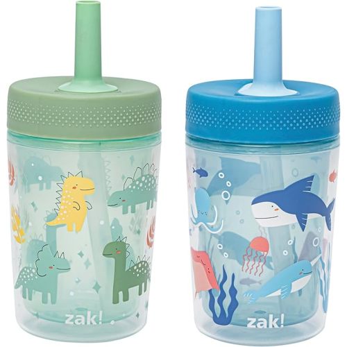 Zak Designs Capri Toddler Tumblers For Travel or At Home, 9oz 2-Pack Double Wall Plastic Sippy Cups With Leak-Proof Design is Perfect For Kids (Dino Buddies, Bubble Bay)