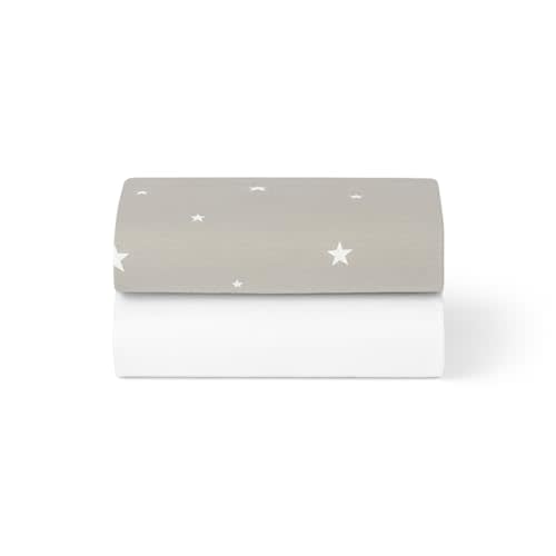 Snuz Fitted Bassinet Sheets for SnuzPod, 100% Cotton, 2 Pack, White/Star | 2 fitted jersey cotton sheets for SnuzPod 3, SnuzPod 5 and SnuzPod Studio; fits mattresses approx. 16 x 30–17 x 31 in.
