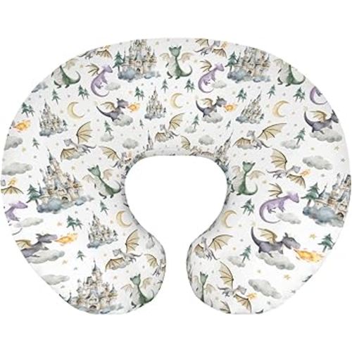 Baby Boy Girl Nursing Pillow Cover Dragon Tale Castle, Watercolor Green Moon Clouds Stars Tree Breastfeeding Pillowcase, Bottle Feeding Pillow Slipcover Cover Only White One Size
