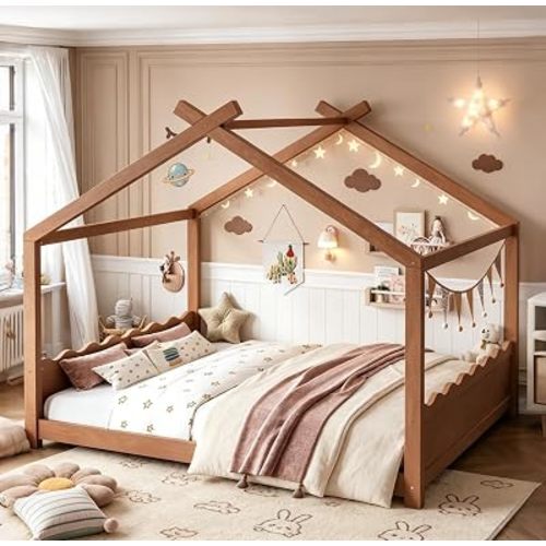 Bellemave Queen Size Montessori Floor Bed with Slats,House BedFrame with High Headboard,Queen Floor Beds with Roof, Deep Natural