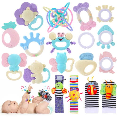 KABOER 18 Pcs Baby Rattles 0-6 Months: Rattles for Babies 0-6 Months, Baby Rattles Toys 0-3-6-12 Months, Infant Rattle Toys for Babies Teething - Newborn Baby Boy Girl Rattles Set Wrist Socks