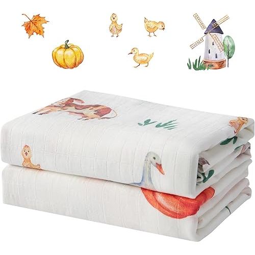 Muslin Swaddle Blankets for Newborn, 2-Pack Breathable Receiving Baby Blanket, Large 47 x 47 Inches Swaddling Wrap for Boys and Girls (Farm Harvest)