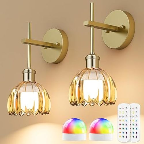 Battery Operated Wall Sconce with Gold Tulip-Shaped Lampshades, Wireless Rechargeable Sconces Wall Decor Set of 2 with Remote Control, 12 RGB Colors & 3 CCT Settings (Gold)
