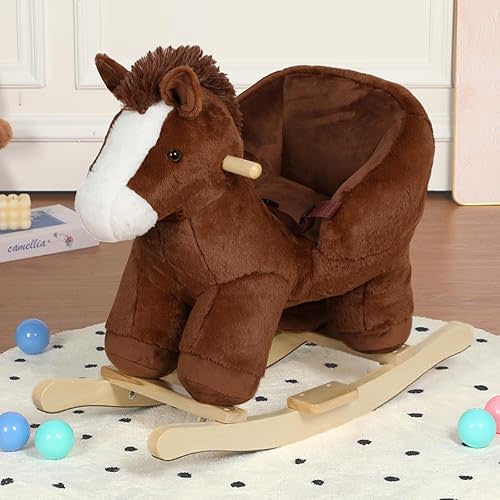 Pony Baby Rocking Horse for Toddlers 1 Years to 3 Years, Stuffed Plush Ride-on Rocking Animal with Realistic Sound and Music, Wooden Rocking Toy with Seat, Brown Horse, CPC Certified