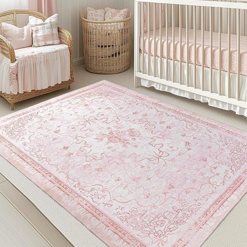 Pink Rug for Nursey Girl Bedroom 5x8 - Cute Bow Coquette Room Decor for Teen Girls Aesthetic,Washable Light Pink and White Cottage Core Floral Scalloped Rug for Dorm Room College Students Playroom