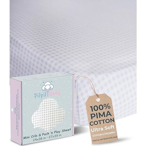 Mini Crib & Pack 'n Play Sheet (24x38 & 27x39 in, Blue Gingham) - 100% Peruvian Pima Cotton - Soft, Hypoallergenic Baby Boy Crib Sheet - Made in Peru