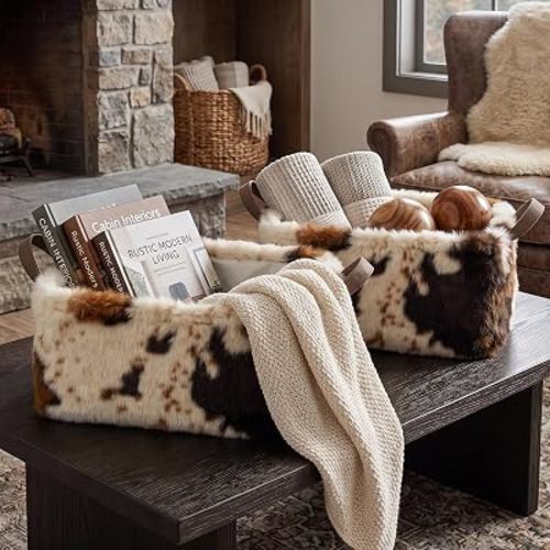 BBSET 2 Pcs Western Cow Print Storage Baskets Artificial Faux Fur Fluffy Fabric Organizer Bins with Handles Foldable Decorative Storage Cubes for Closet Bedroom Dresser Cosmetics Sundries