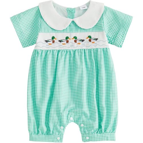 Baby Boy Short Sleeve Jumpsuit Collared Excavator/Animals Smocked Gingham Romper One Piece Clothes