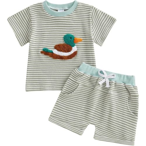 fhutpw Baby Toddler Boy Girl Summer Clothes Embroidery Stripe Short Sleeve T-shirt Tops + Shorts Sets Infant 2 Piece Outfits