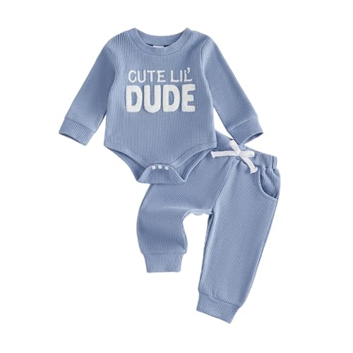 Adobabirl Baby Boy Fall Winter Clothes Cute Lil's Dude Embroidery Long Sleeve Romper Pants Set Newborn Waffle Knit Outfits