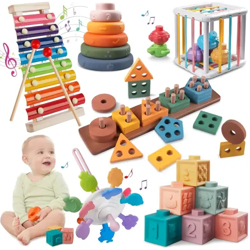Montessori Baby Toy Sorting Stacking Learning Toys Wooden Building Blocks, Xylophone Musical, Infant Teethers Toys for Baby, 6 in 1 Toy Birthday Gifts for Toddlers