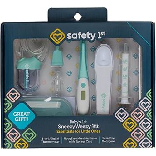 Safety 1st Baby’s 1st SneezyWeezy Kit, BoogEase Nasal Aspirator, 3-in-1 Digital Thermometer, Fuss Free Medspoon, Infant Healthcare Set, Easy-Clean Snot Sucker, Medicine Feeding Spoon