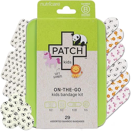 Patch Kids On-The-Go Natural Bamboo Adhesive Bandage Kit for Sensitive Skin, Eco-Friendly Hypoallergenic Bandages for Sensitive Skin. Non Toxic Bandages for Boys & Girls with Cute Prints, 29 ct Small