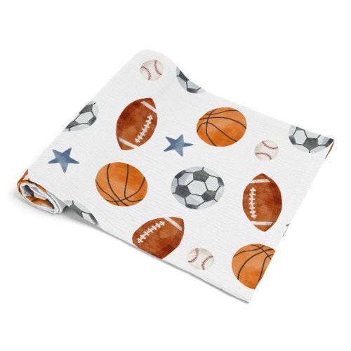 Sweet Jojo Designs Baby Boy Muslin 100% Cotton Swaddle Blankets Watercolor Sports Theme Blue Brown and Orange