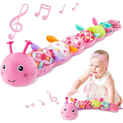 Sumobaby Infant Baby Musical Stuffed Animal Toys for 0-3-6-12 Months,Multi Sensory Toys with Crinkle and Rattles, Tummy Time Toys for Newborn Boys Girls, Caterpillar, Pink