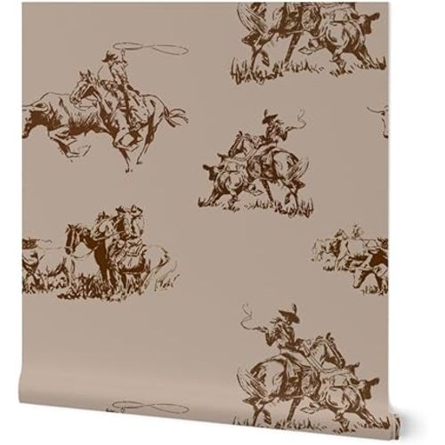 Spoonflower Peel & Stick Wallpaper 12ft x 2ft - Western Cowboy Rustic Lodge Sepia Neutral Brown Wild West Ranch Custom Removable Wallpaper