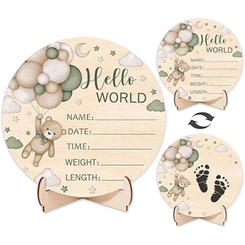 Andrain Double-Sided Wooden Newborn Birth Sign, Green Bear Baby Announcement Sign, Bear Hello World Name Sign for Hospital, Gift for New Mom Baby Shower, Photography Prop