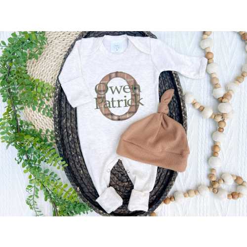 Personalized Plaid Baby footie with Hat: Beige Fall Outfit