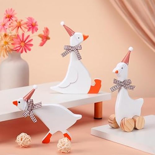 Leinuosen 3 Set One Silly Goose Birthday Decorations 6 Inch Silly Goose Birthday Table Centerpiece Funny 1st Party Supplies Wooden Geese Push Pull Figurine Shelf Table Decor for Baby Shower (Brown)