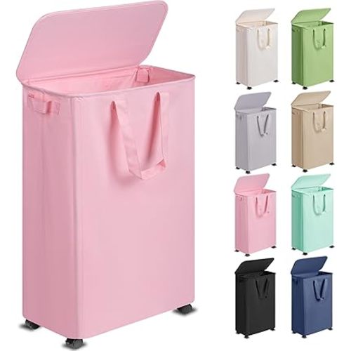 Slim Laundry Hamper with Lid and Wheels, Small Rolling Laundry Basket with Handle for Small Spaces, Tall Dirty Clothes Hampers for Dorm, Bathroom and Bedroom, 75L, Pink