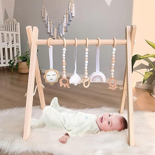 Wooden Baby Play Gym, WOOD CITY Foldable Baby Gym with 6 Hanging Sensory Toys for Infants Activity, Newborn Gifts for Baby Girl and Boy (Natural Wood)