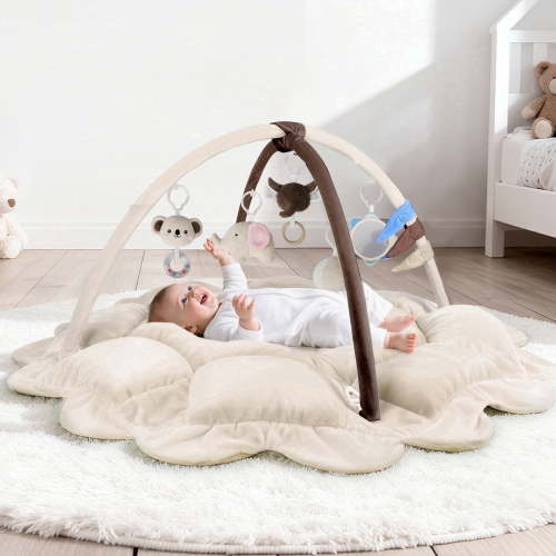 OMZER 5-in-1 Multifunctional Baby Play Gym, Washable Activity Mat with Sensory Toys, Non-Slip Baby Playmat, Beige
