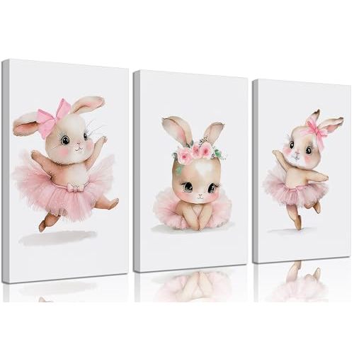 3 Pcs Pink Bunny Canvas Wall Art for Nursery Baby Room Cute Posters Prints Wall Decor Pictures Pink Preppy Dress Rabbit Ballet Paintings Artwork for Girls Room Bedroom Home Decoration