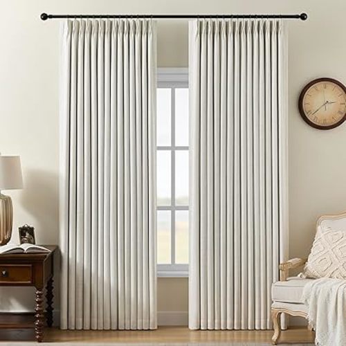 Pinch Pleated Curtains 100% Blackout Linen Curtains 84 Inches Long for Bedroom Living Room, Natural Memory Trained Thermal Insulated Room Darkening Window Pleat Drapes with Hooks, 2 Panels, 40"Wx84"L