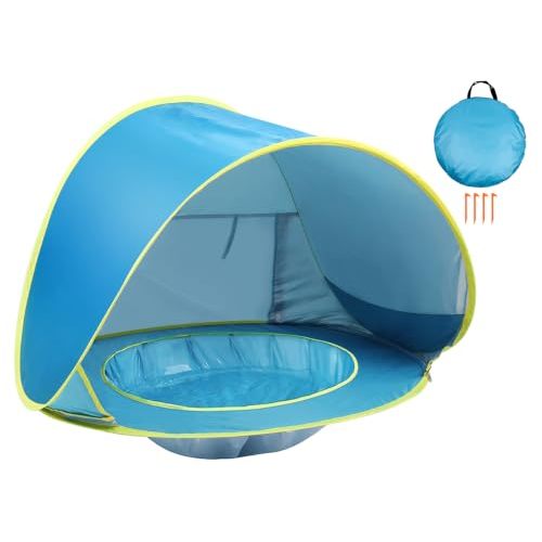Kapeazo Baby Beach Tent with Pool, Pop Up UV Sun Shelter for Infant (Blue) | Baby Beach Essentials, Portable Multi-functional Mini Pool, Sun Shade for Travel, UPF 50+ Blocks 98% UV, Wind/Waterproof