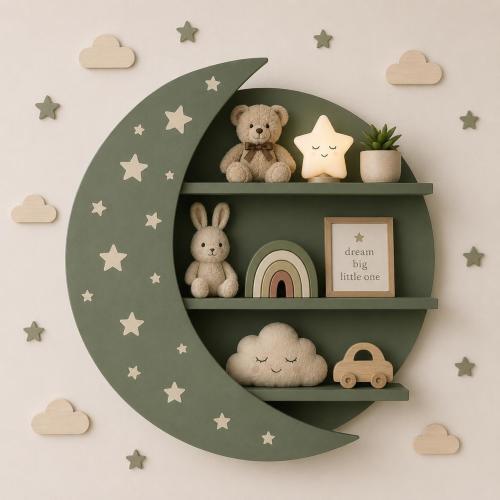 Handmade Moon Shelf, Celestial Nursery Decor, Scandinavian Style Sage Green Wood Wall Shelf