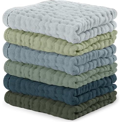 Comfy Cubs Muslin Baby Washcloths 6 Pack - Soft 6-Layer Cotton Wash Cloths for Sensitive Skin - 10"x10" Large, Gentle, Absorbent Infant Essentials for Newborn and Toddlers - Multi Boy