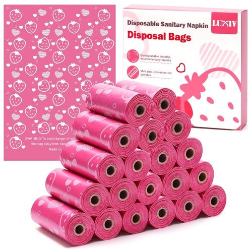 300P Sanitary Napkin Disposal Bags, Luxiv Disposable Sanitary Bags Rolls Personal Care Disposal Bag for Diapers, Tampons, Pad Period Bag Disposal Feminine Hygiene Products Bags with Scent (Pink)