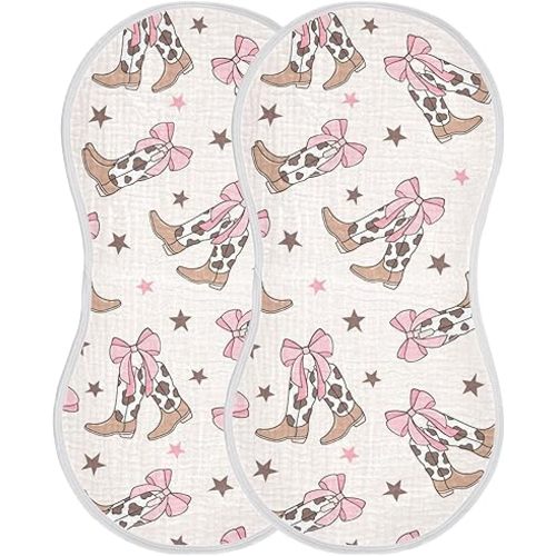 Bows Cowgirl Boots Western Burp Cloths Baby Boys Girls Absorbent Soft Cotton Burping Cloths Rags, 2 Pack