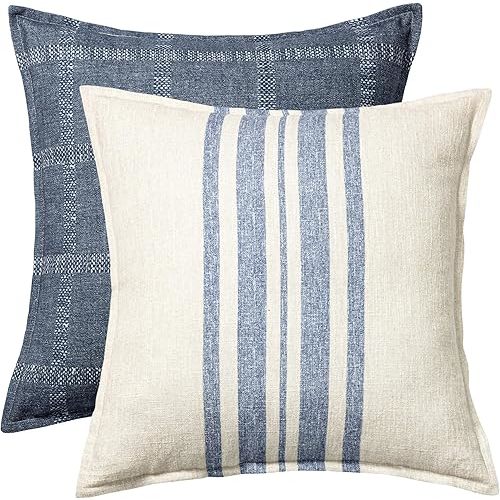 Set of 2 Cotton Printed Throw Pillow Covers 18x18 Decorative Throw Pillows For Couch Pillows Square Woven Cushion Sofa Couch Bed Living Room Accent Boho Decor Farmhouse Home Decor (Blue)
