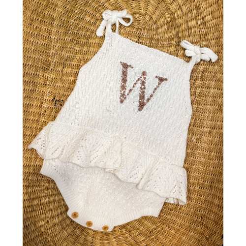 Floral Monogram Knit Baby Romper: Personalized Embroidered Ruffle Outfit