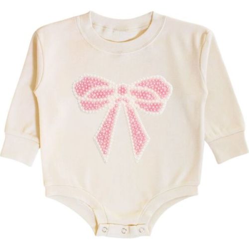 Pearl Bow Patch Long Sleeve Romper, Natural - Sweet Wink | Maisonette