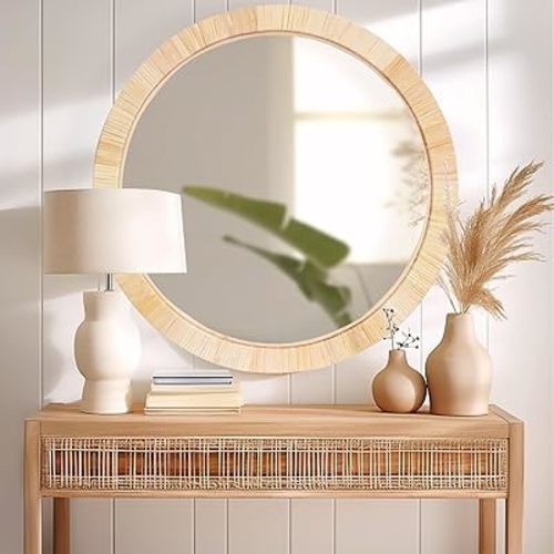 Rattan Mirror,Round Boho Bathroom Mirror for Wall,24" Circle Wicker Vanity Mirror for Nursery Décor,Coastal Farmhouse Wood Mirror for Bedroom Entryway Living Room