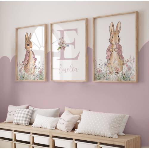 Peter Rabbit Prints,Girl Nursery Prints,Nursery Wall Decor,Pink,Floral,Baby Girl,Flopsy Rabbit,Personalised,New Baby Gift,Bedroom,Wall Art