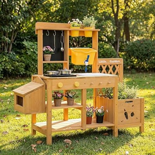 Wooden Mud Kitchen for Kids, Outdoor Play Kitchen with Real Running Water Sink, Mud Table, Gravity Water Tank, Planting Box, Critter Observation Box, 12-Pc Accessory Kit, Toddler Gift, Age 3+