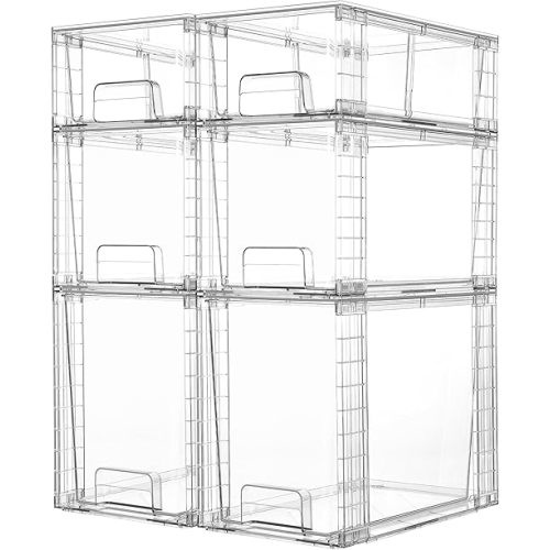 Vtopmart 6 Pack Clear Stackable Storage Drawers,Easy to Assemble Bathroom Organizers and Storage with handles,Plastic Drawers for Kitchen Pantry,Cabinet,Under Sink Organization