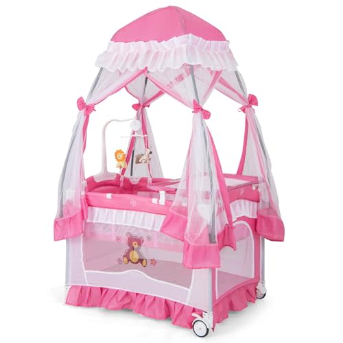 HONEY JOY 4-in-1 Pack and Play with Canopy, Portable Baby Playard w/Changing Table and Infant Bassinet, Cute Toys & Music, Foldable Bassinet for Newborn and Toddler (Hot Pink)