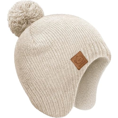 Baby Beanie Winter Hat 6-36 Months - Cute Pom Winter Baby Hats with Earflaps, Soft & Stretchy Knit Toddler Beanies for Infant, Newborn 6-36 Months Boys, Girls, Cozy, Warm Fall Essentials (Cream, M) headband