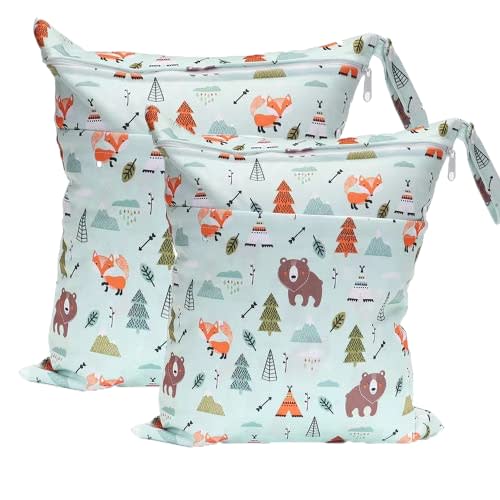 Wet Dry Bag for Cloth Diapers, 2PCS Waterproof Reusable Wet Bag with Zippered Pockets, Washable, Reusable for Travel, Beach, Pool, Stroller, Diapers, Dirty Gym Clothes, Swimsuits, 14x12In & 12x11In