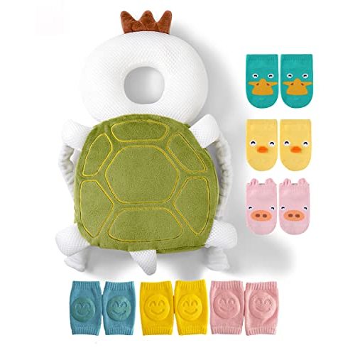 JunNeng Toddler Baby Head Protector Pad Safety Cushion with Knee Pads&Anti-Slip Sock,Turtle