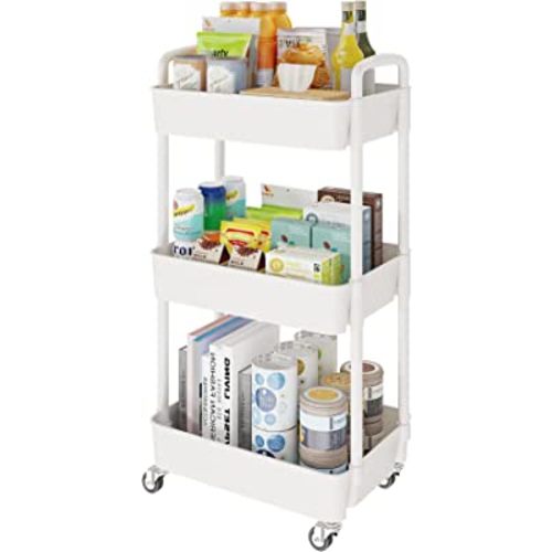 3-Tier Storage Cart,Multifunction Kitchen Storage Organizer,Mobile Shelving Unit Utility Rolling Cart with Lockable Wheels for Bathroom,Laundry,Living Room,With Classified Stickers,White