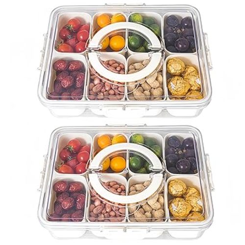 Dingerjar Divided Serving Tray with Lid and Handle - Divided Snack Tray for Portable Snack Platters - Clear Organizer for Candy, Fruits, Nuts, Snacks - Perfect for Party, Entertaining