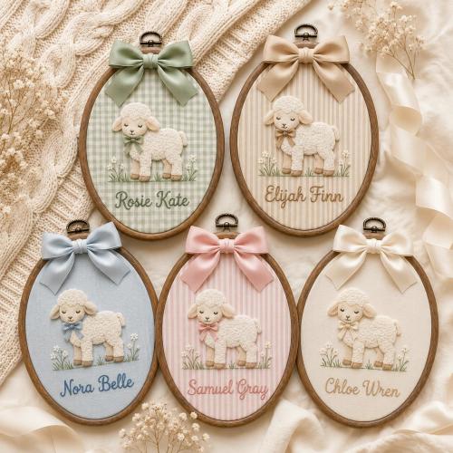 Personalized Baby Lamb Embroidery Hoop, Custom Lamb Nursery Decor, Baby Name Wall Art, Baby Shower Gift