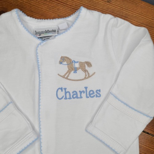 Monogrammed Baby Sack Gown or Footie with Rocking Horse. Personalized  Girl or Boy Footie, Personalized Baby Gown, Picot Trimmed Baby Gown