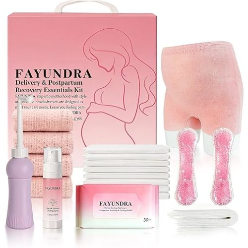 Postpartum Essentials Kit for Labor & Delivery, Postpartum Kit with Cooling Spray, 4 Disposable Postpartum Underwears, 8 Postpartum Pads, 2 Hot & Cold Packs, 30 Pad Liners, Peri Bottle (6)